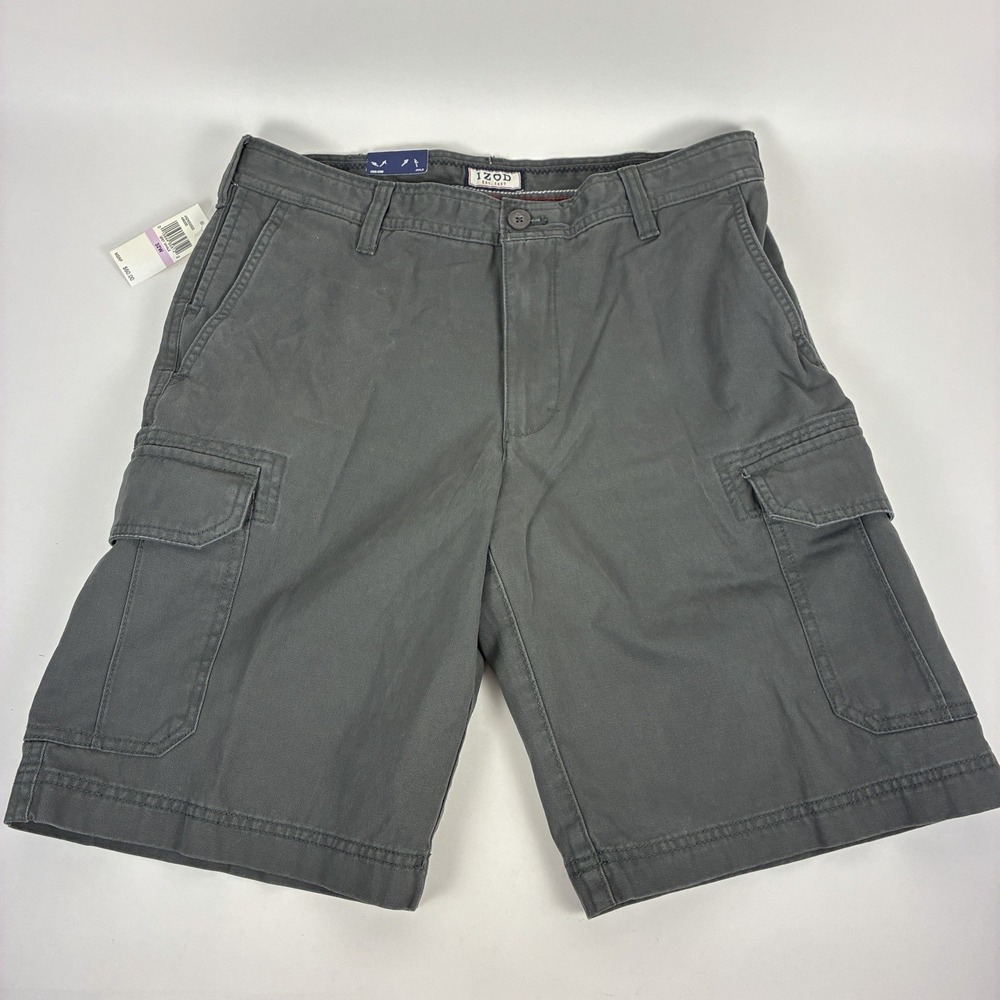 IZOD Mens Shorts Sz 32 Grey Whale Flat Front Cargo Cotton Casual Classic Utility
